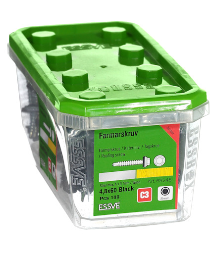 Förpackning med Essve farmarskruv, 4,8x60 mm, 100 st, C3, för tak, stål max 4,4 mm, trä max 28 mm.
