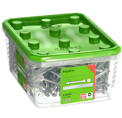 Transparent plastlåda med grönt lock, innehållande vingskruv av märket ESSVE. Text på etiketten: 4,8x65, 250 st.