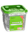 Transparent plastburk med grön lock, innehållande 250 vingskruvar, storlek 4,2x32 mm, märke Essve.