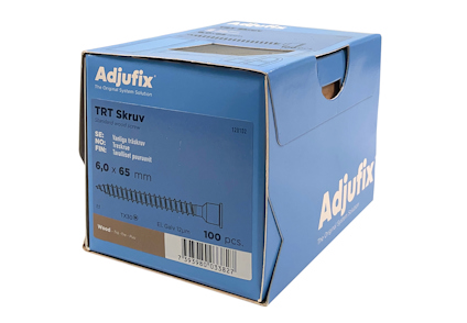 Blå kartong med texten "Adjufix TRT Skruv 100 st, 6,0 x 65 mm" och illustration av en skruv.