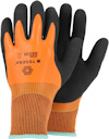 Två orangea och svarta skyddshandskar med texten "TEGERA MODEL 8832R CE 4121X".