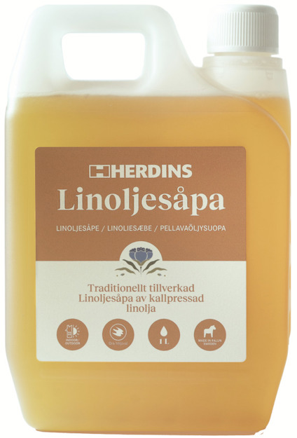 Förpackning med Herdins Linoljesåpa i plastflaska med etikett och skruvlock.