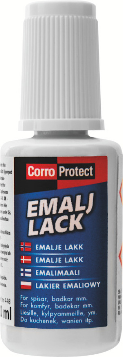 Flaska med etikett "Corro Protect Emaljlack" på flera språk, 20 ml.