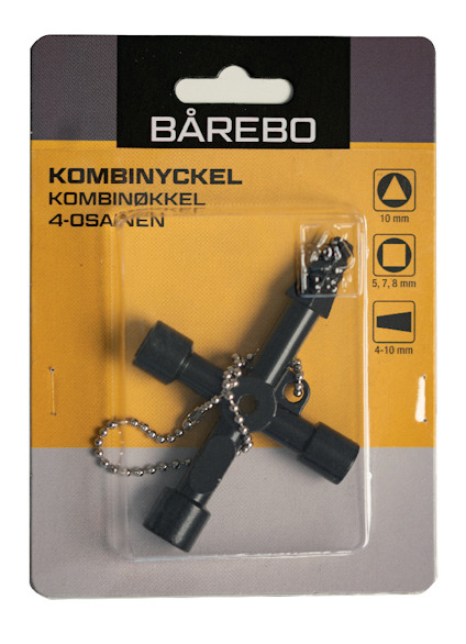 Förpackning med en Bärebo kombinackel i kryssform för muttrar, med kedja. Fyra storlekar: 10 mm, 5, 7, 8 mm, 4-10 mm.