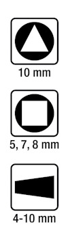 Tre symboler med olika former: en triangel, en kvadrat och en kon, med text "10 mm", "5, 7, 8 mm" respektive "4-10 mm".