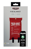 Brandfilt i röd förpackning, märkt "120x180 cm" med text på engelska, används för att släcka bränder upp till 500°C.