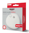 Röd förpackning med vit rökdetektor "Housegard Pebble". Text: "Smoke Alarm", 5 års garanti, batteri upp till 1 år.