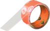 Transparent klisterrulle med orange etikett och vita symboler, draget band.