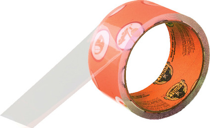 Transparent klisterrulle med orange etikett och vita symboler, draget band.