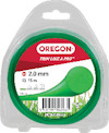 Grön trimmerlina 2,0 mm, 15 m från märket Oregon, i plastförpackning. EAN-kod 5400591067065.