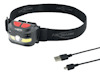 Svart pannlampa med justerbart band och två knappar. USB-kabel med mikro-USB-kontakt intill. Märke: ANSMANN.