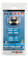 Förpackning med en LED-stirnlampe. Text inkluderar "PROFI STIRNLAMPE" och "Professional Headlight".