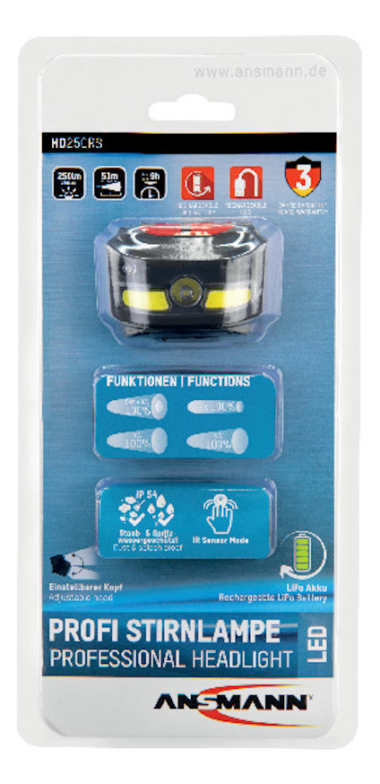 Förpackning med en LED-stirnlampe. Text inkluderar "PROFI STIRNLAMPE" och "Professional Headlight".