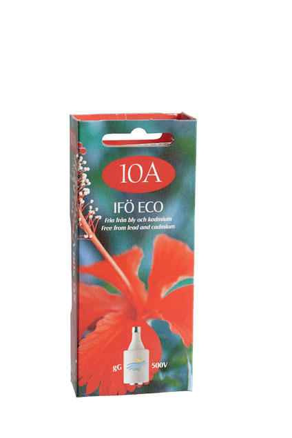 Förpackning med Ifö Eco 10A säkringar, illustrerad med en röd hibiskusblomma.