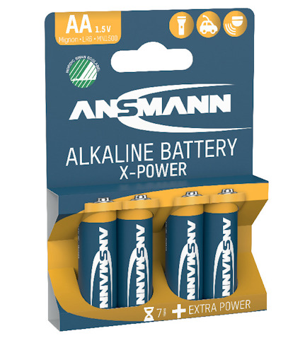 Förpackning med åtta AA 1.5V alkaliska batterier av märket Ansmann, modell X-Power.