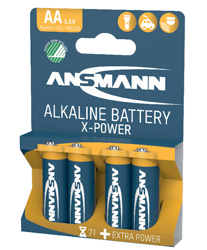 Förpackning med åtta AA 1.5V Alkaline X-Power-batterier från ANSMANN.