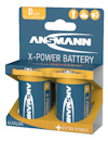Förpackning med två Ansmann X-Power alkaliska D-batterier, 1,5V.