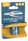 Förpackning med ANSMANN X-Power 9V alkaliskt batteri, blå och gul design med text "EXTRA POWER".