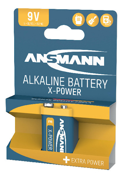 9V batteri, märkt "Ansmann Alkaline Battery X-Power." Förpackning i blått och orange med texten "German Quality Since 1991."