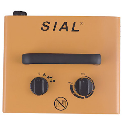 Gul panel med svart handtag, två vred för inställningar, texten "SIAL" och en symbol för förbjuden användning med vatten.