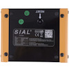 Svart panel med orange hörn och text "SIAL Fan Heater". Specifikationer och QR-kod visas.