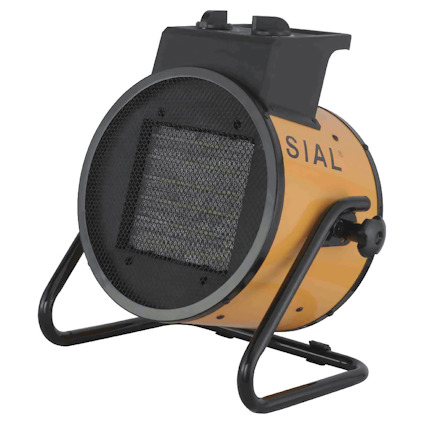 Gul och svart elektrisk värmefläkt med stålrörsställning och namnet "SIAL" på sidan.