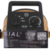 Svart kontrollpanel med två vred, text "5kW" och etikett med text "SIAL Fan Heater". QR-kod och certifieringssymboler.