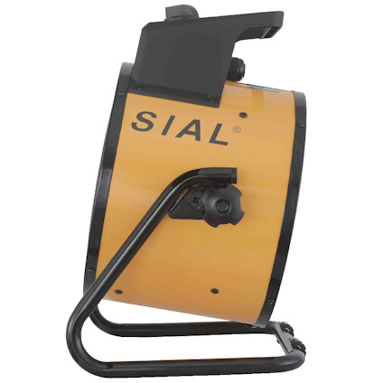 Gul och svart elektrisk värmefläkt med texten "SIAL" på sidan.