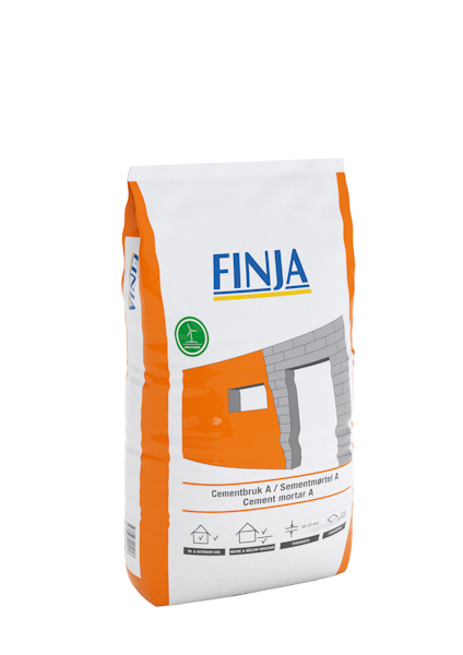Säck med cementbruk, märkning "Finja" och symboler för användningsområden.