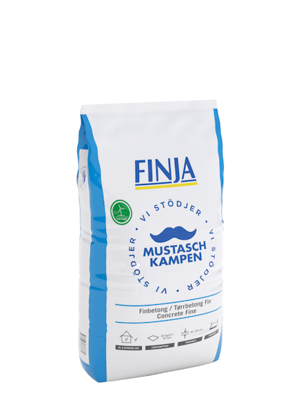 Förpackning för Finja finbetong med texten "MUSTASCHKAMPEN" och grafiska ikoner längst ner.