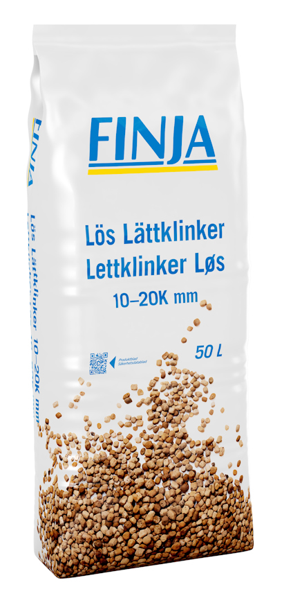 Förpackning med texten "FINJA Lös Lättklinker Lettklinker Løs 10-20K mm 50 L" och bild av lätta, bruna kulor.