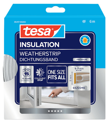 Förpackning med Tesa weatherstrip silikon, 6 m, för isolering av fönster och dörrar, text på flera språk.