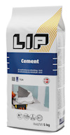 Förpackning med vit cement från märket LIP, med blå etikett och produktnamn tydligt synligt.