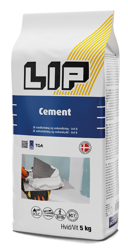 Förpackning med vit cement från märket LIP, med blå etikett och produktnamn tydligt synligt.