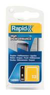 Förpackning med Rapid häftklammer, text: "High Performance", innehåll: 1650 st, storlek: 6 mm, typ: 13.