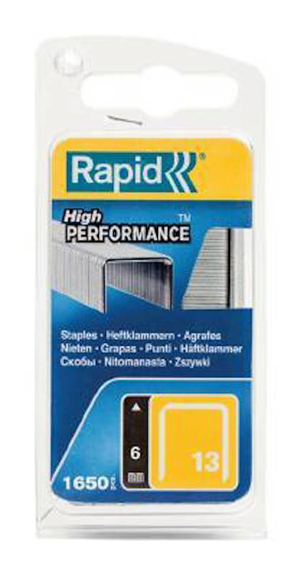 Förpackning med Rapid häftklammer, text: "High Performance", innehåll: 1650 st, storlek: 6 mm, typ: 13.