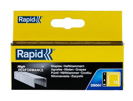 Förpackning med häftklamrar från Rapid, gul och svart, med text på flera språk och en kapacitetsikon.