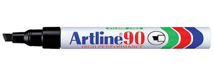 Tjock svart markerpenna med texten "Artline 90 High Performance" och färgade band i blått, rött och grönt.