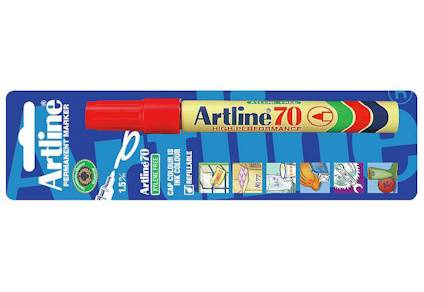 Förpackning med en blå och vit permanent markerpenna "Artline 70" med röd kork, bredvid illustrationsbilder.