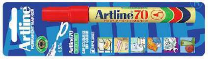 Förpackning med röd Artline 70 permanent marker, högpresterande.