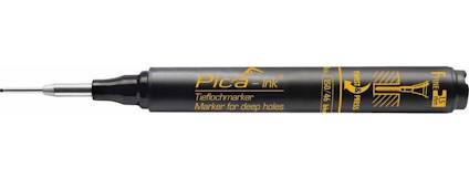 Svart djuvhålsmarkör med text "Pica Ink Marker for deep holes" och mätmärken på kroppens yta.